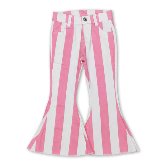 Pink & White Stripe Denim Bell Bottoms- Girls